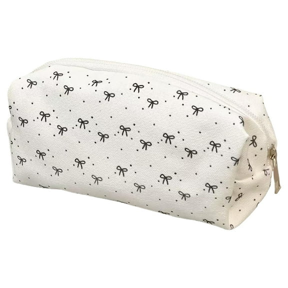 Clearance Under $2, 1 Pack Bow Pencil Case, Cute Cosmetic Bag with Zipper, Bows Makeup Pouch & Stationery Organizer for Toiletries, Makeup & Travel, Canvas, 20x10cm(White)