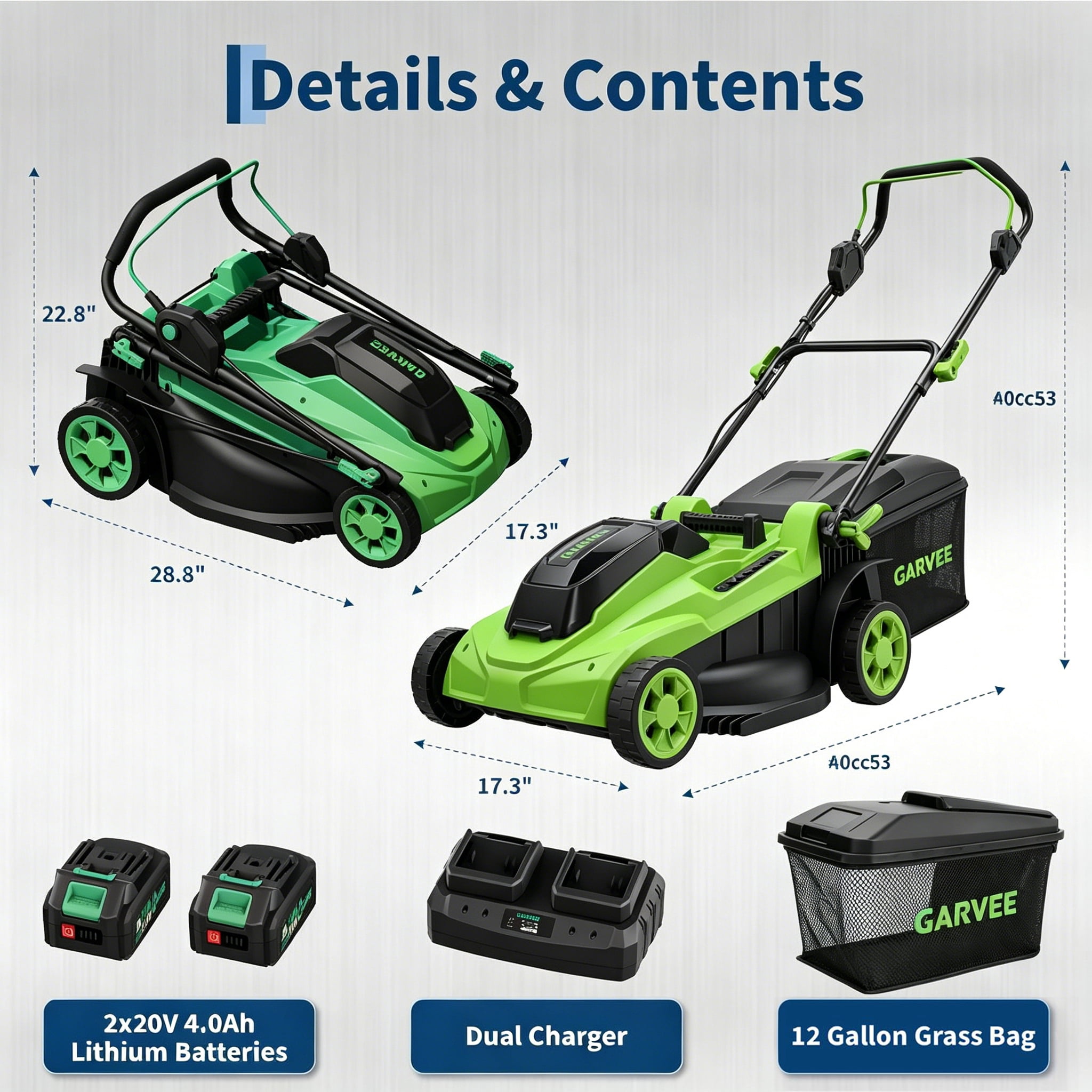 GIMMYFIVE 17 in Cordless Lawn Mower, Brushless Motor, 2 x 20V 4.0Ah Batteries, Bagging and Mulching