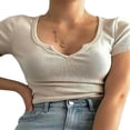 thumbnail image 1 of Crop Tops pour les Femmes Été Mignon Solide Slim Fit Recadrée Débardeurs T-Shirt de Base, 1 of 2