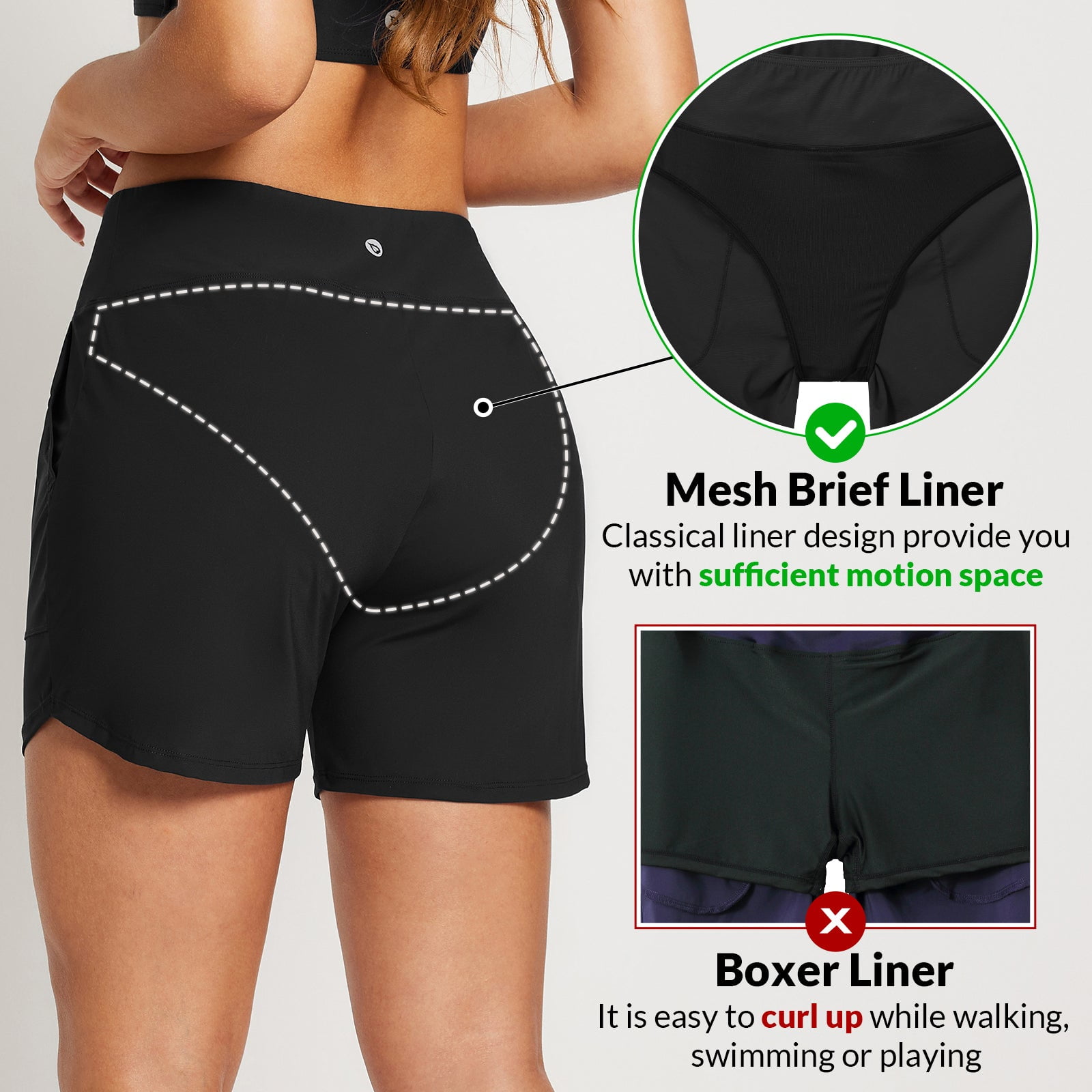 BALEAF Women's Swim Board Shorts 5 inch Swimming Bottoms High Waisted Tummy Control Swimsuits Beach Shorts with Liner Black L