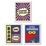 Sagebrush Fine Art Adorable Red, Blue and Yellow Superheroes Rule, Boom, Bam, Pow and Little Superhero Set, Perfect for a Child's Room or Nursery; Three 11x14in White Framed Prints