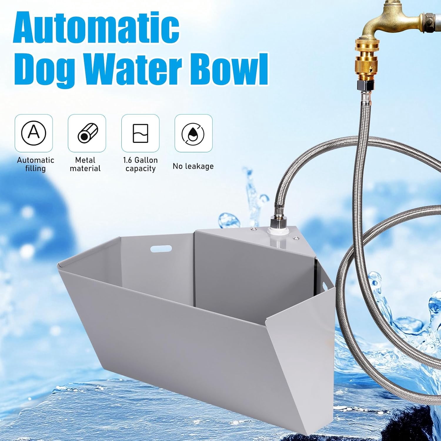 1.6Gal Automatic Livestock Waterer with Float Valve, Self-Filling Drinking Trough Corner Wall Mount, Stainless Steel Dog Water Feeder for Horse Goat Cattle Pets