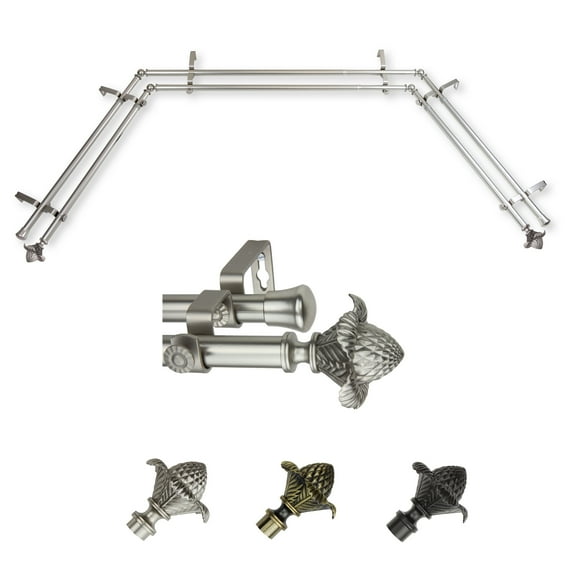 Atilla 13/16" Double Bay Window curtain rod Adjustable 20"-36", 38"-72" - Satin Nickel,(ABay-40-5D)