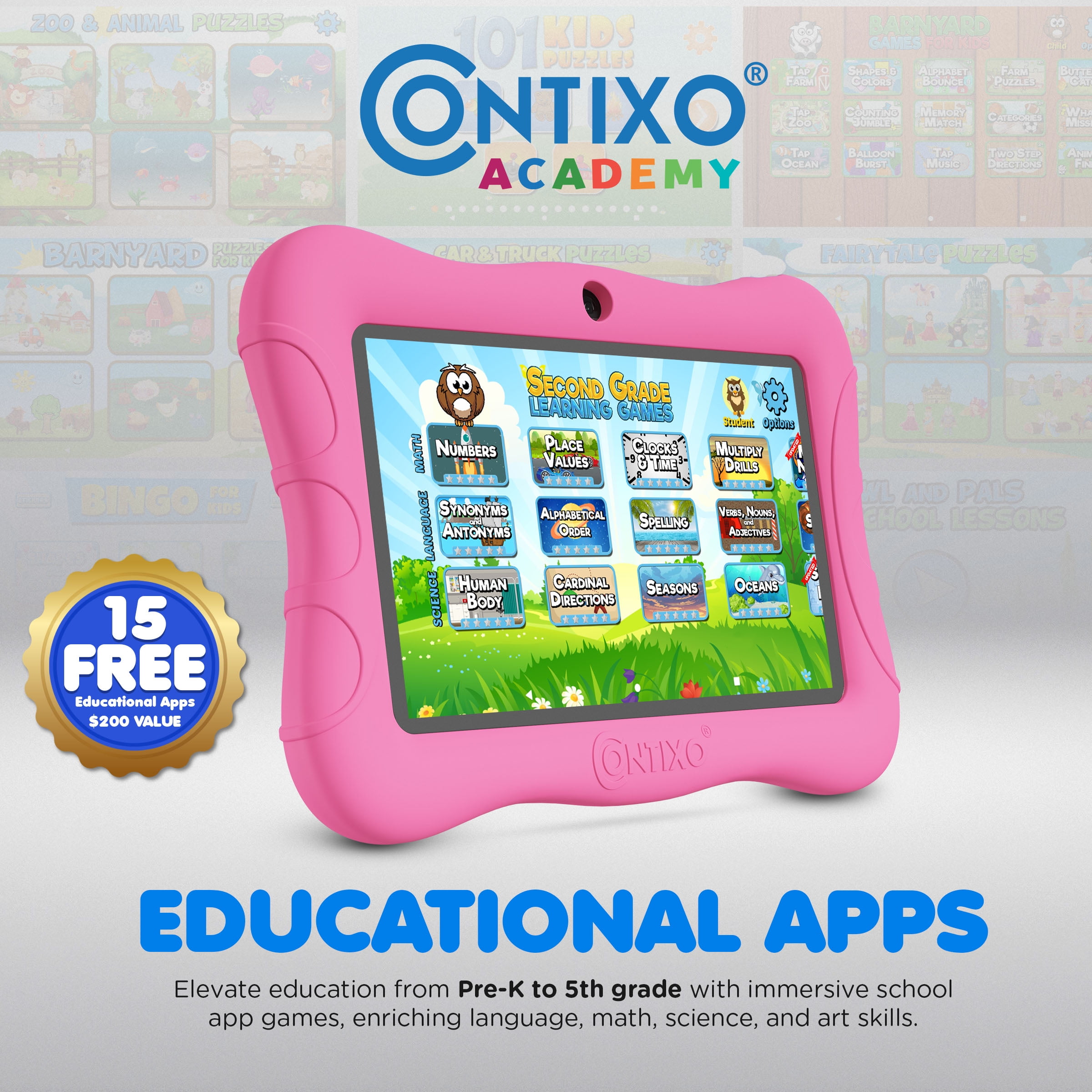 Contixo 7-Inch Kids Tablets Bundle, Educational Android Tablet with Headphones and Carrying Sleeve, Pink
