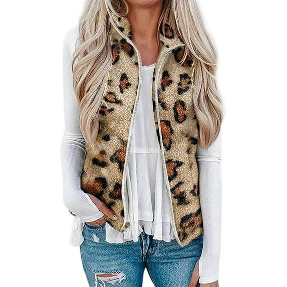Lumento Women Loose Winter Warm Jacket Vest Plush Zip-Up Sherpa Jackets Casual Sleeveless Waistcoat With Pockets Leopard Yellow XL
