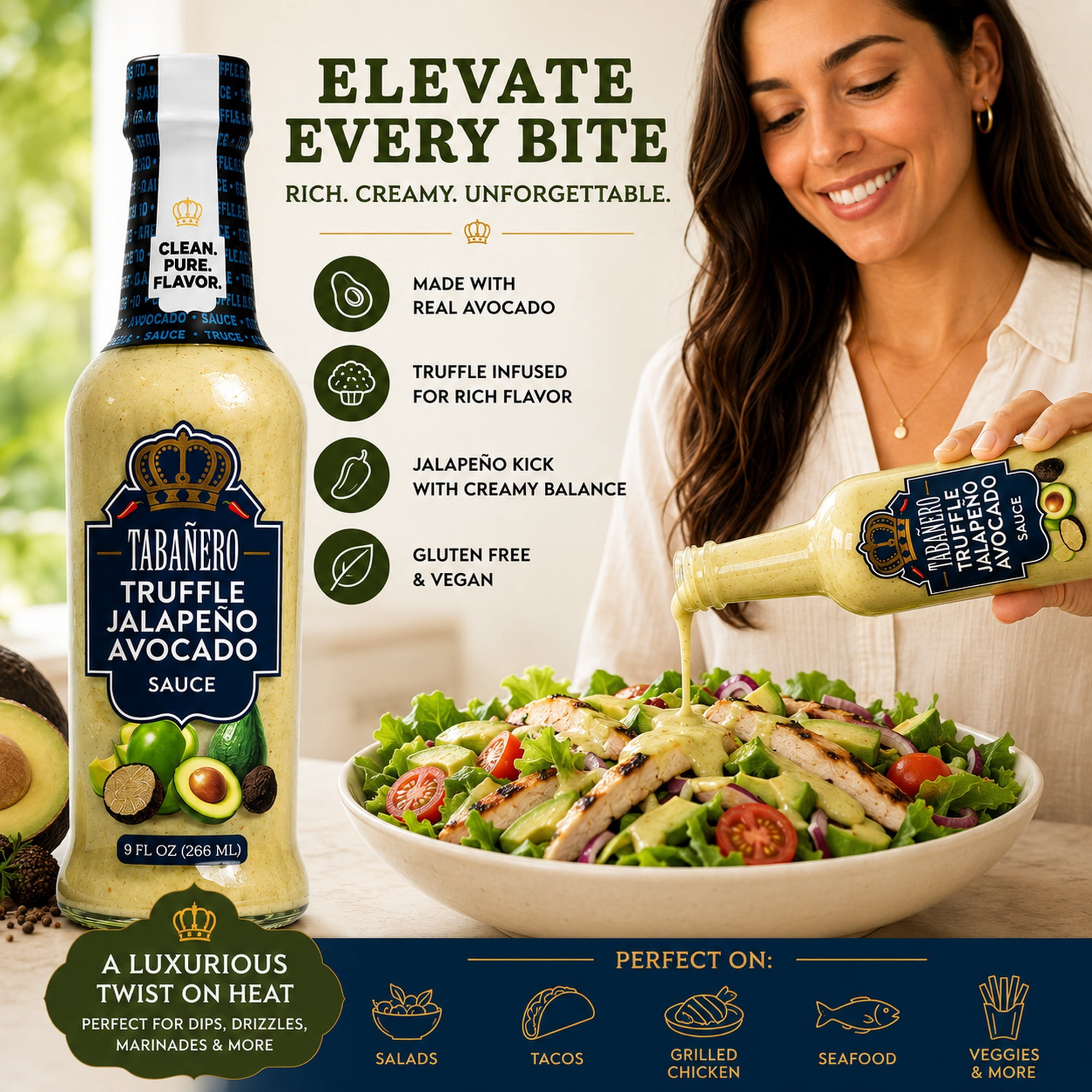 (2 pack) Tabanero Truffle Jalapeño Avocado Sauce, Creamy, Mild Heat, 9 oz
