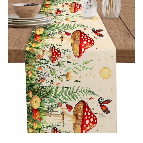 Red Mushroom Table Runner 48 Inches, Watercolor Spring Summer Floral Bed Runner Dresser Scarves Tabletop for Indoor Outdoor Parties/Ceremony/Banquet, 13" x 48"