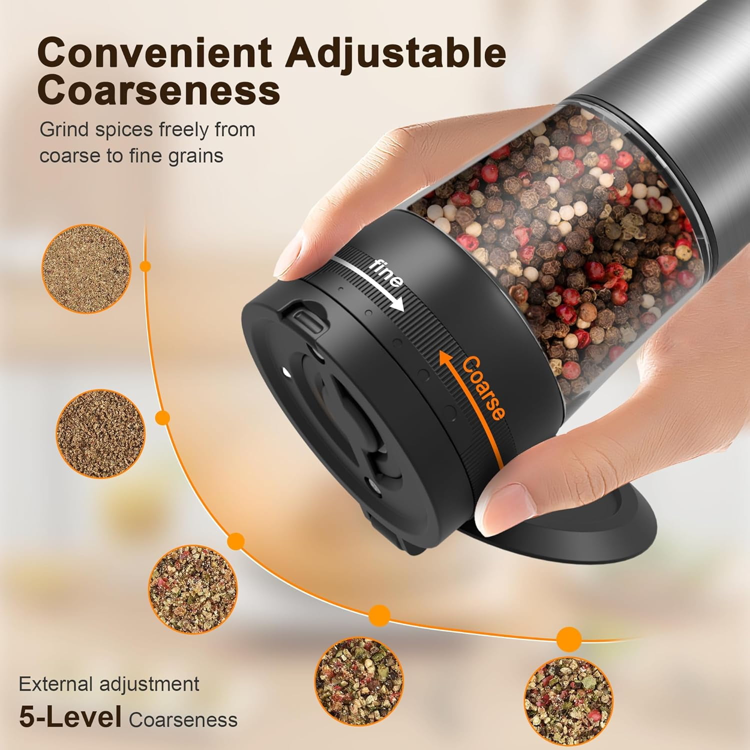 Electric Salt and Pepper Grinder Set - Automatic Rechargeable Pepper Mill with LED Battery Display & USB-C Charging Base, 5-Level Adjustable Coarseness Stainless Steel Spice Shakers for Kitchen, Dini