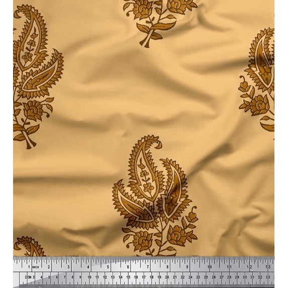 Soimoi Poly Georgette Fabric Floral & Paisley Block Printed Fabric 1 Yard 42 Inch Wide