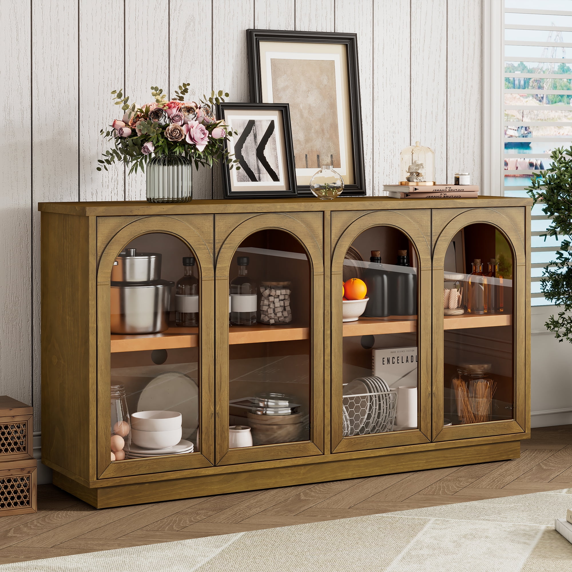 Aukfa Storage Buffet Cabinet with 4 Glass Doors, Large Arched Cabinet,Old Pine