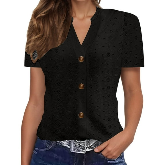 Womens T Shirts Tops Solid Color V-Neck Button Print Short Sleeve Womens Tee,Black,L