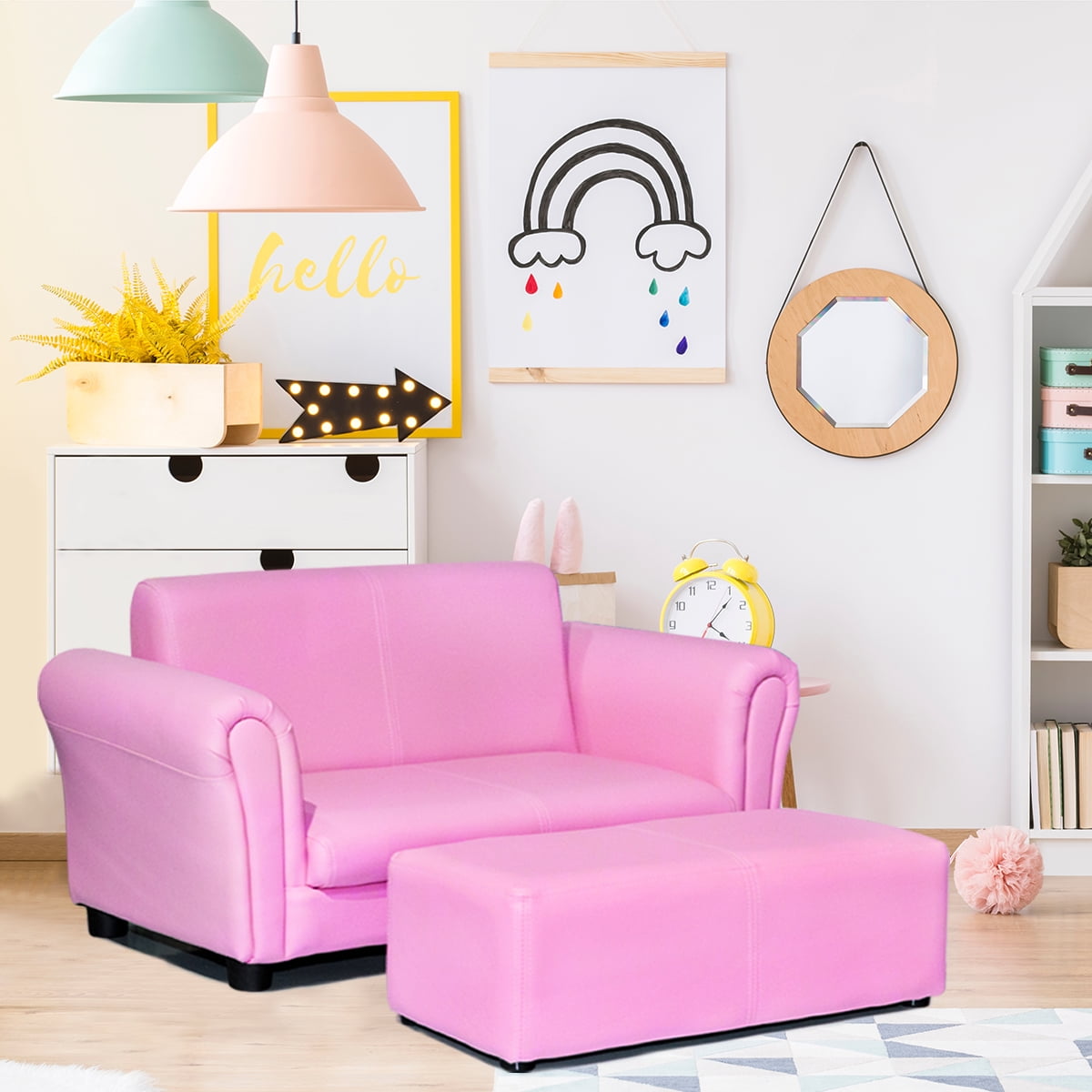 Costway Pink Kids Sofa Armrest Chair Couch Lounge Children Birthday Gift w Ottoman Walmart