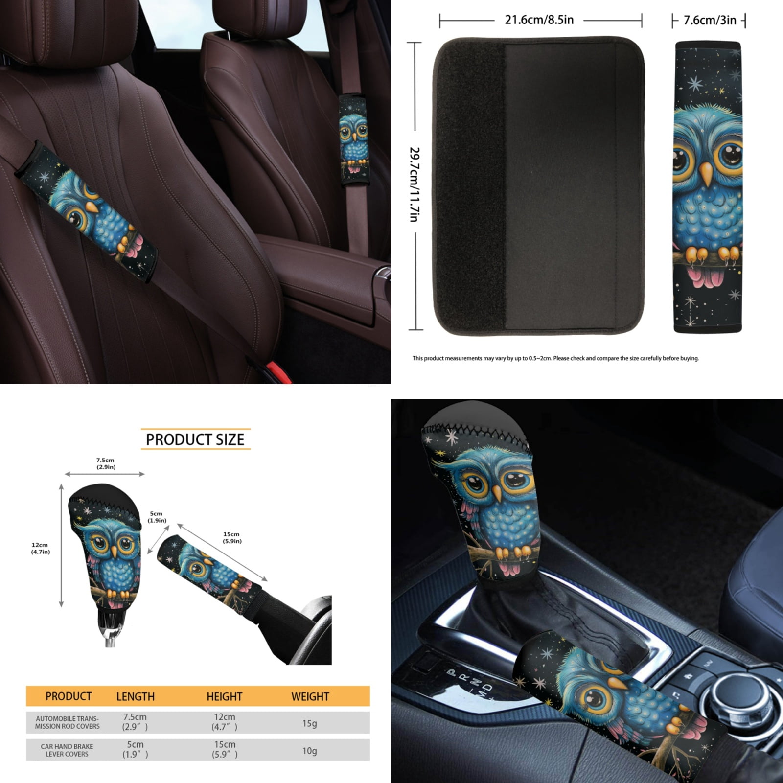 Yuyamidu Owl Car Seat Cover Full Set of 14 Cute Steering Wheel Cover Seatbelt Pads Armrest Cushion Trash Can Rearview Mirror Cover Handbrake Cover Set Coasters Auto Interior Accessories