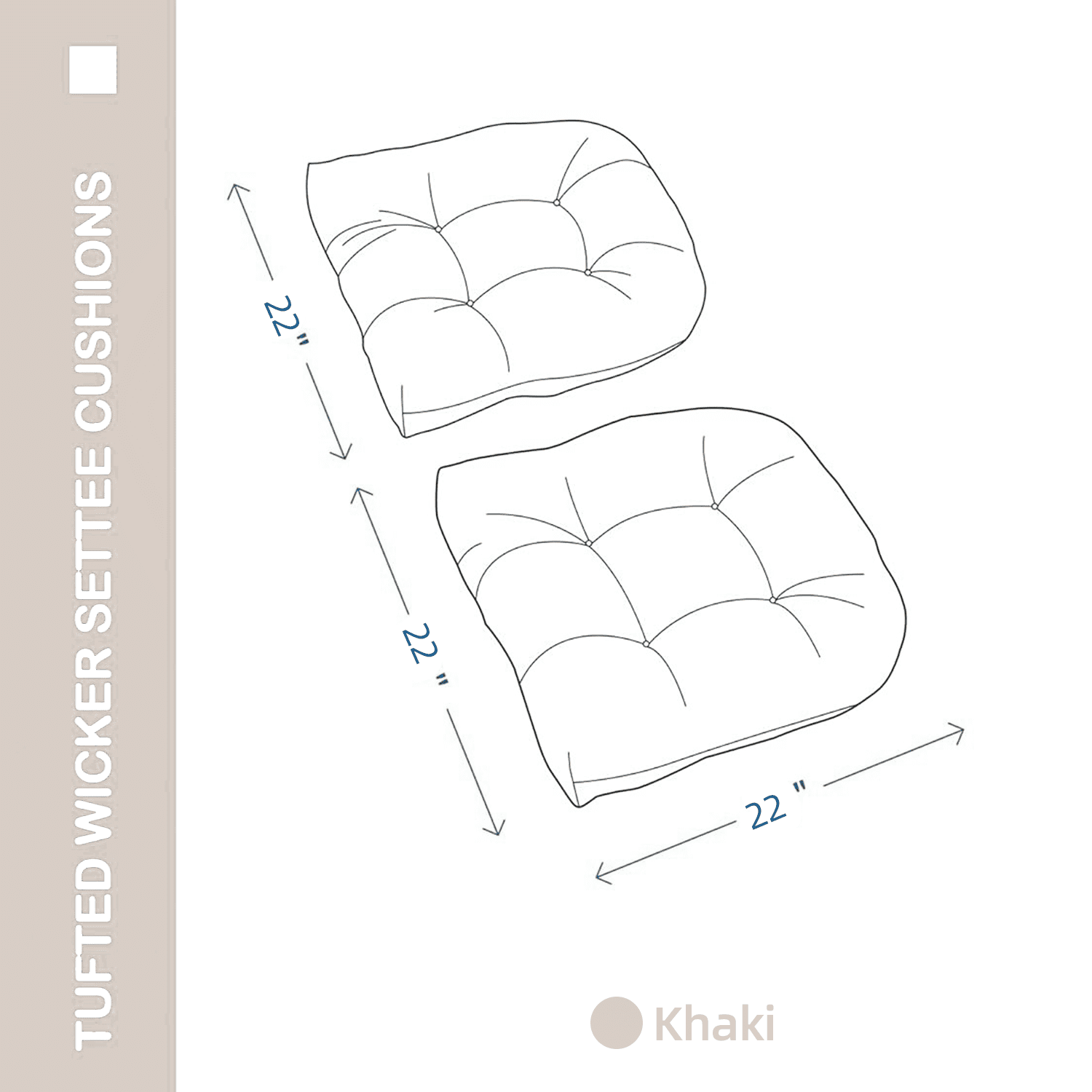 Tufted Wicker U-Shape Cushions Set of 2 ,Water and Fade-Resistant Performance Fabric , Outdoor Seat Cushions for Patio Furniture,22” x 22”(2 count)