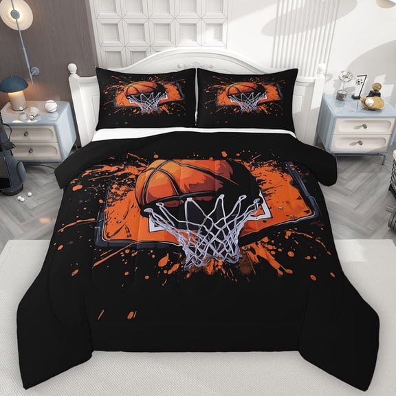 Feelyou Boys Cartoon Basketball Bedding Comforter Set, Black Orange Splatter Twin Comforter Sets, Eat Sleep Sports Reversible Bedding Set, Breathable Home Decor, 2 Pieces