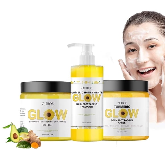 Juego de cuidado de la piel con brillo de cúrcuma, exfoliante, mantequilla, humectante antienvejecimiento para arrugas, juego de cuidado de la piel de cúrcuma hidratante y calmante para rostro y cuerp