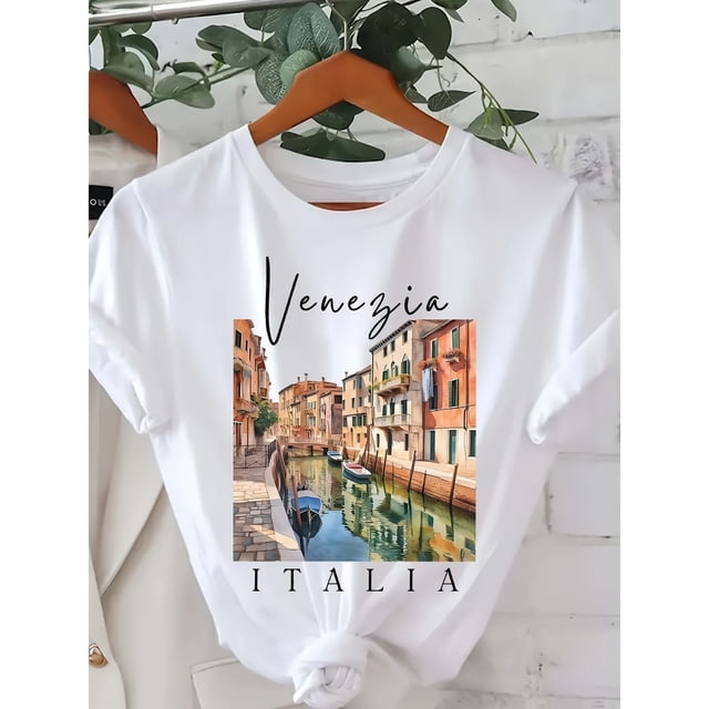 Camiseta con estampado de letras de Venecia Italia, camiseta casual de manga corta con cuello redondo para verano y primavera, ropa de mujer.