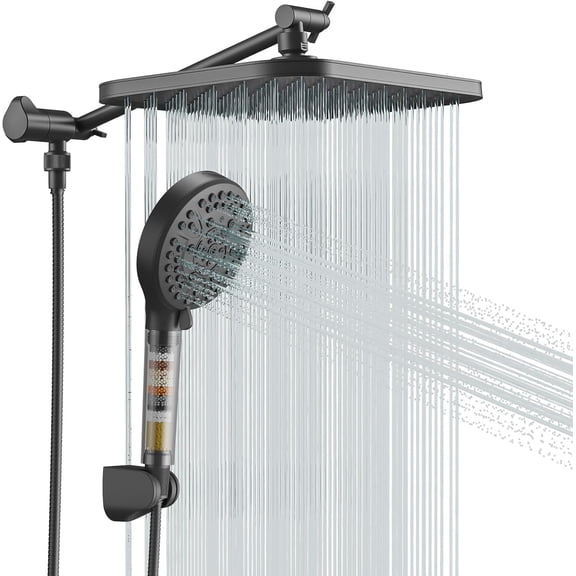 Handheld Shower Head Combo, 10 Spray Modes High-Pressure Handheld Showerhead with 12" Square Rainfall Shower Combo, DOE Certified 2.5GPM Bathroom Filtered Shower Heads System, Matte Black