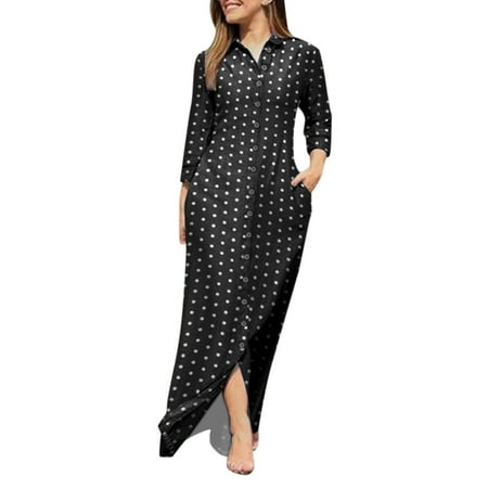

Ladies Lapel V Neck Long Sleeve Robe Long Prints Dress Buttons Shirt Long Dress