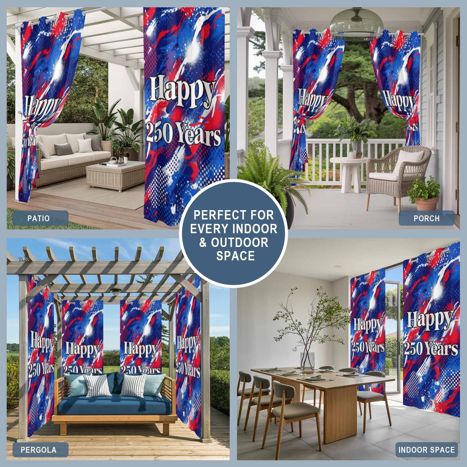 Happy 250 Years Outdoor Curtains for Patio, Independence Day Blue Red White Splash Polka Dots Sunshade Privacy Drapes Grommet Waterproof Outside Curtains for Porch/Cabana/Balcony 54"x 108", 1 Panel