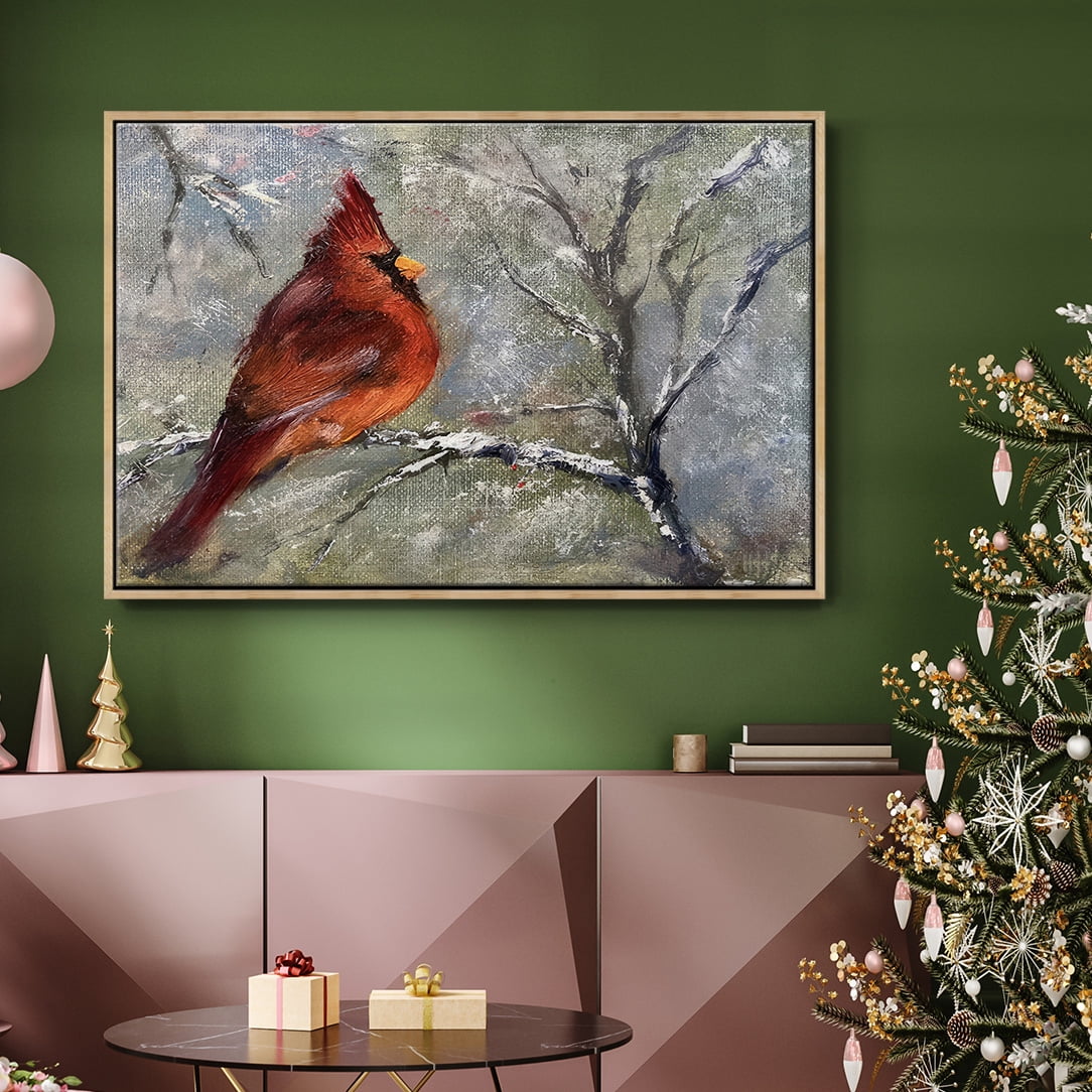 Cardinal in Snow II - Framed Gallery Wrapped Holiday Canvas - 25 x 37 - Natural Wood Frame