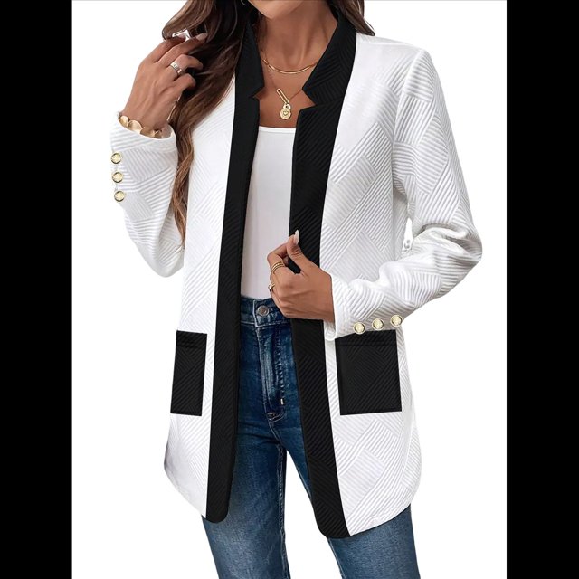 Chaqueta de Larga con Cuello de Muesca, Color y Negro, para Mujer, Básica, Otoño-Invierno. M
