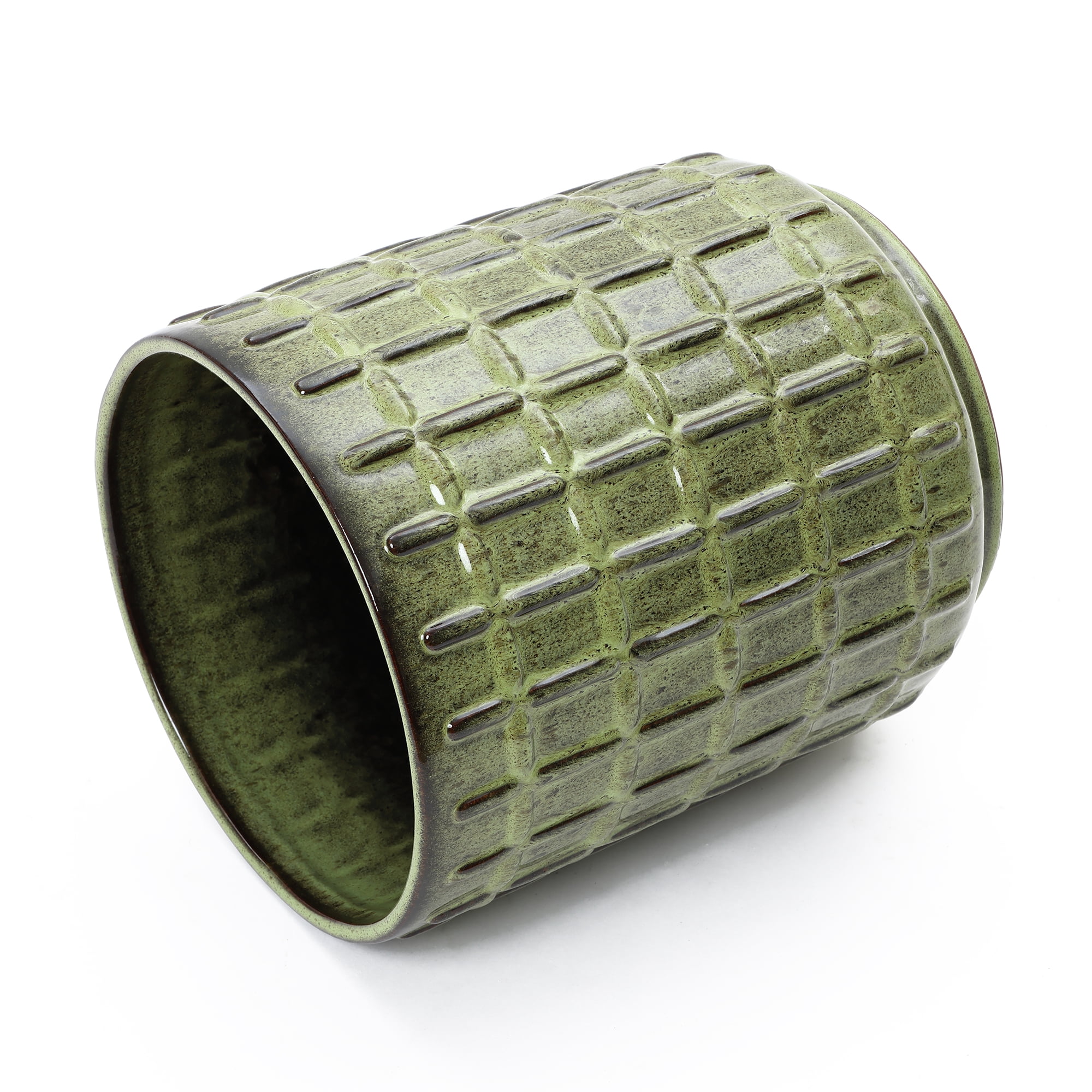 LuxenHome 14" Tall Ceramic Planter Pot for Indoor Outdoor Plants with Geometric Texture, Large Garden Plant Pots with Drainage Hole, Green