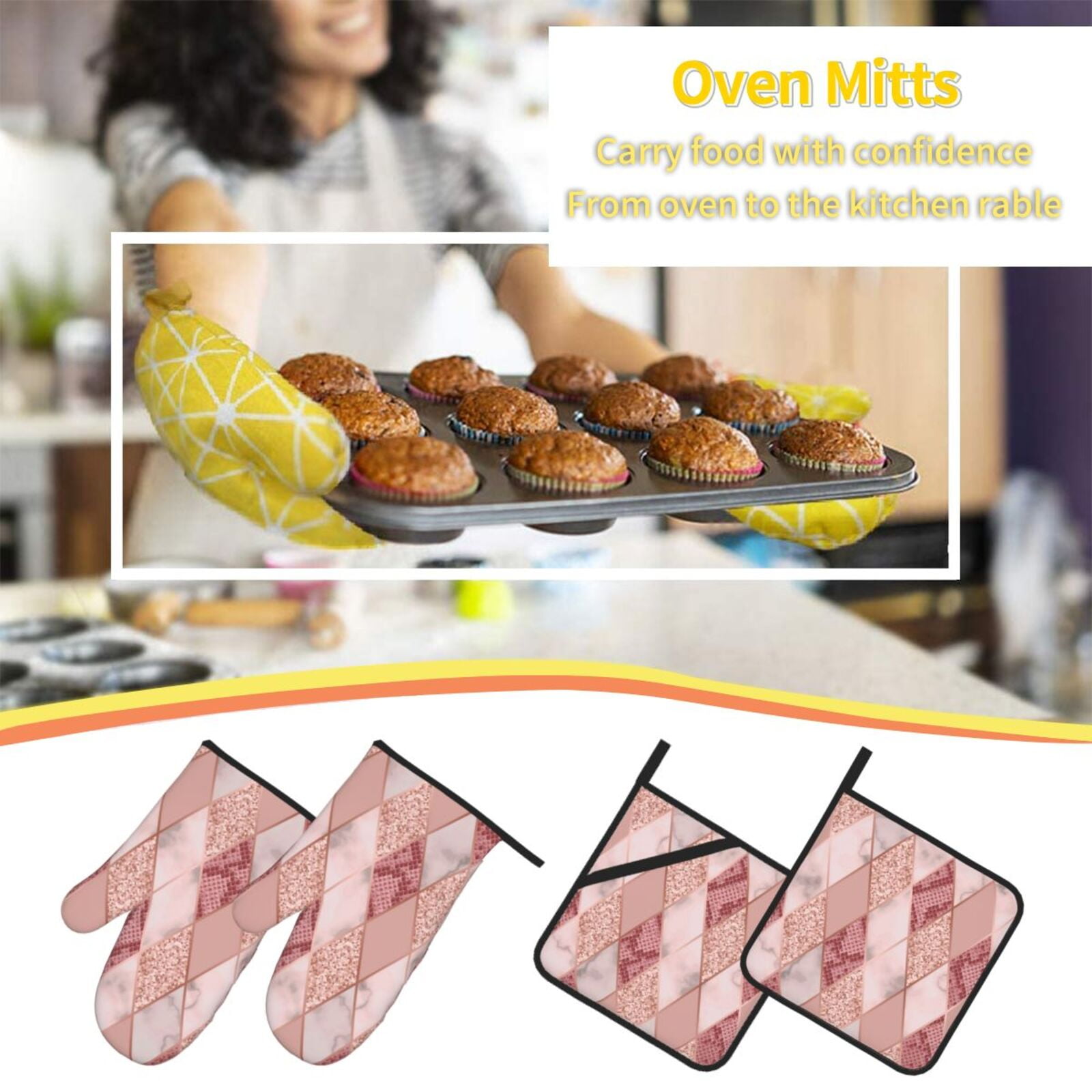 Rose Gold Marble Snakeskin Geometric 4Pcs Oven Mitts and Pot Holders Sets Oven Kitchen Gloves Hot Pads for Cooking BBQ Baking Grilling