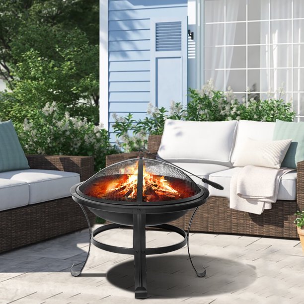 22'' Fire Pits Outdoor Wood Burning Steel BBQ Grill Firepit Bowl with