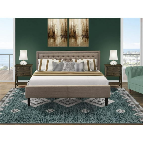 East West Furniture KD16K-2VL07 3 Pc Bed Set - Platform Bed Dark Khaki Headboard with 2 Bedroom Nightstand - Black Finish Legs