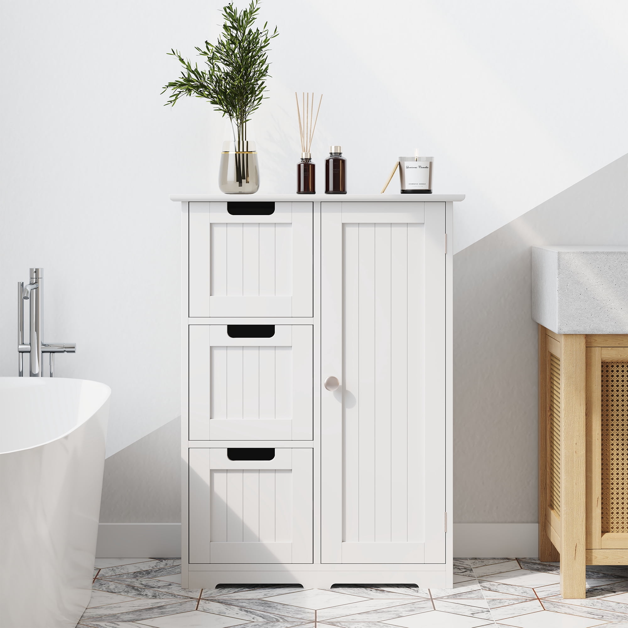 edx Bathroom Floor Cabinet, Wooden Storage Cabinet with 3 Drawers and a Cupboard, Freestanding Cupboard for Bathroom, Living Room, Office, White