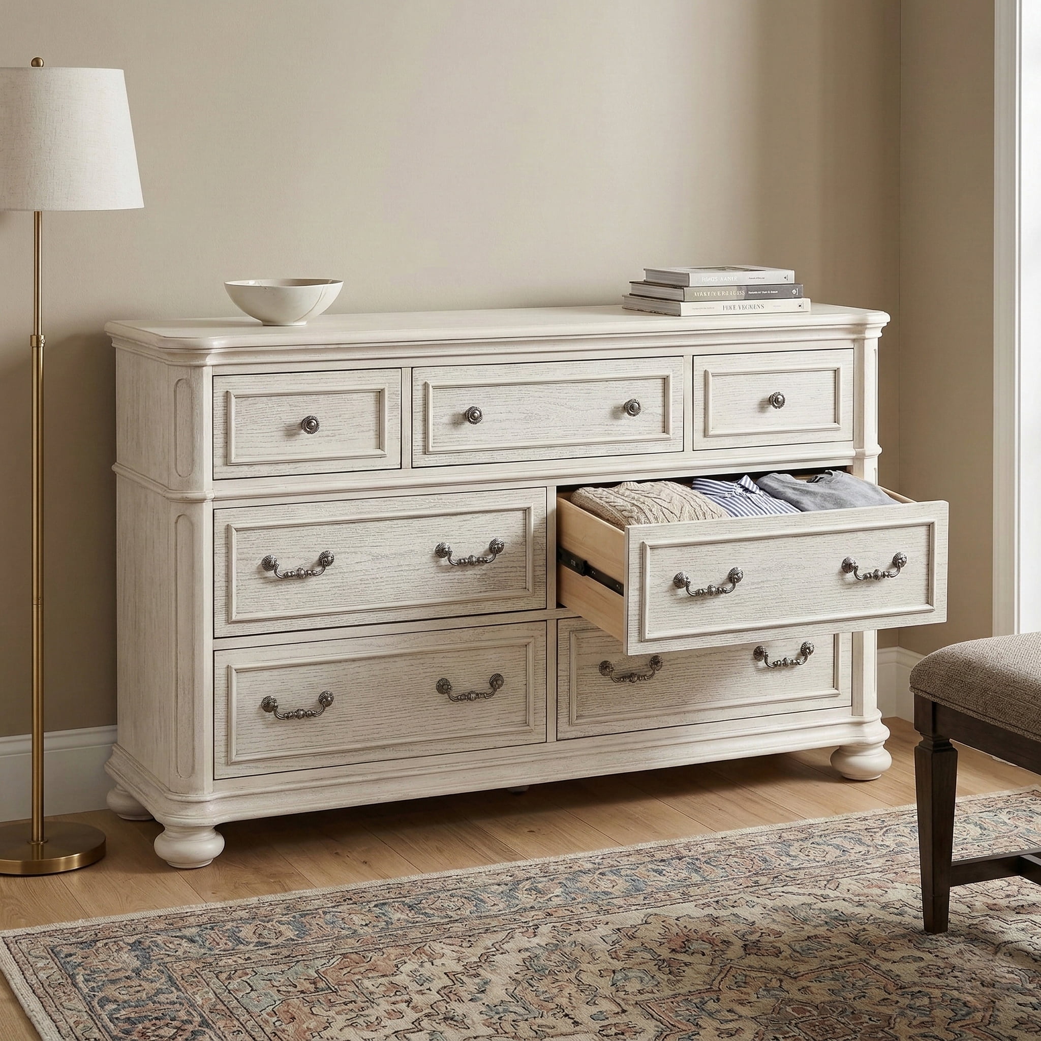 Roundhill Furniture Nelson 7-Drawer Bedroom Dresser, Antique White