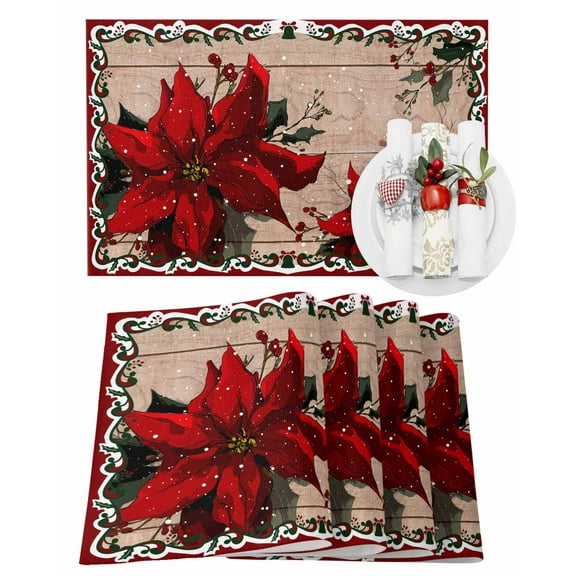 Christmas Placemats Set of 6, Red Poinsettia Flower Place Mats Berry Holly Floral Wood Placemat Table Decoration for Kitchen Table Dinner Xmas Holiday Party Home Decor Indoor Outdoor 13x19 Inch
