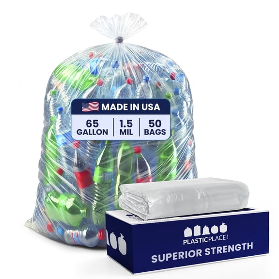 Plasticplace 65 Gallon Trash Bags │ 1.5 Mil │ Clear Heavy Duty Garbage Can Liners │ 50” x 48” (50Count)