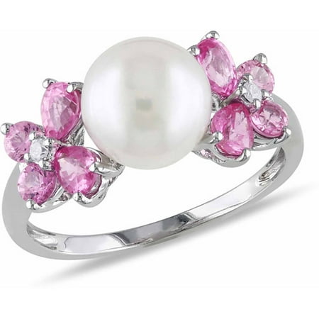 8-8.5mm White Round Cultured Freshwater Pearl and 1-1/5 Carat T.G.W. Pink Sapphire with Diamond Accent 10kt White Gold Cocktail Ring