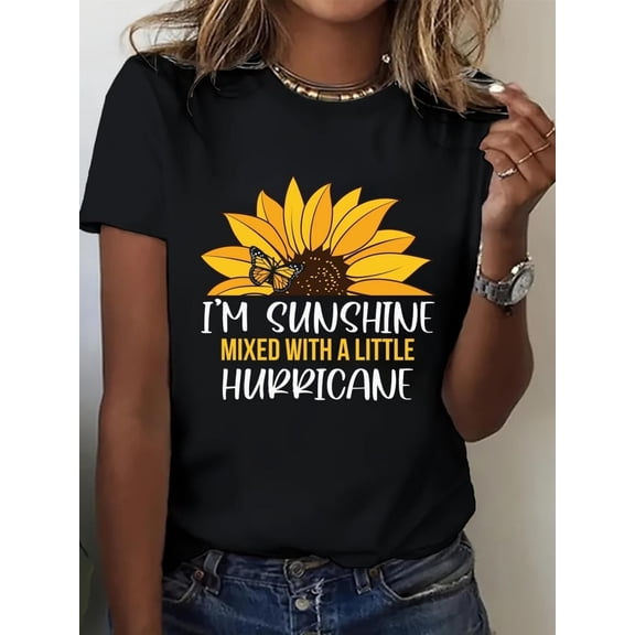 I‘m Sunshine Mixed With A Little Hurricane Graphic Tee for Women, Sassy Southern Girl Short Sleeve T-Shirt, Casual Crew Neck Top for Her Birthday Gift