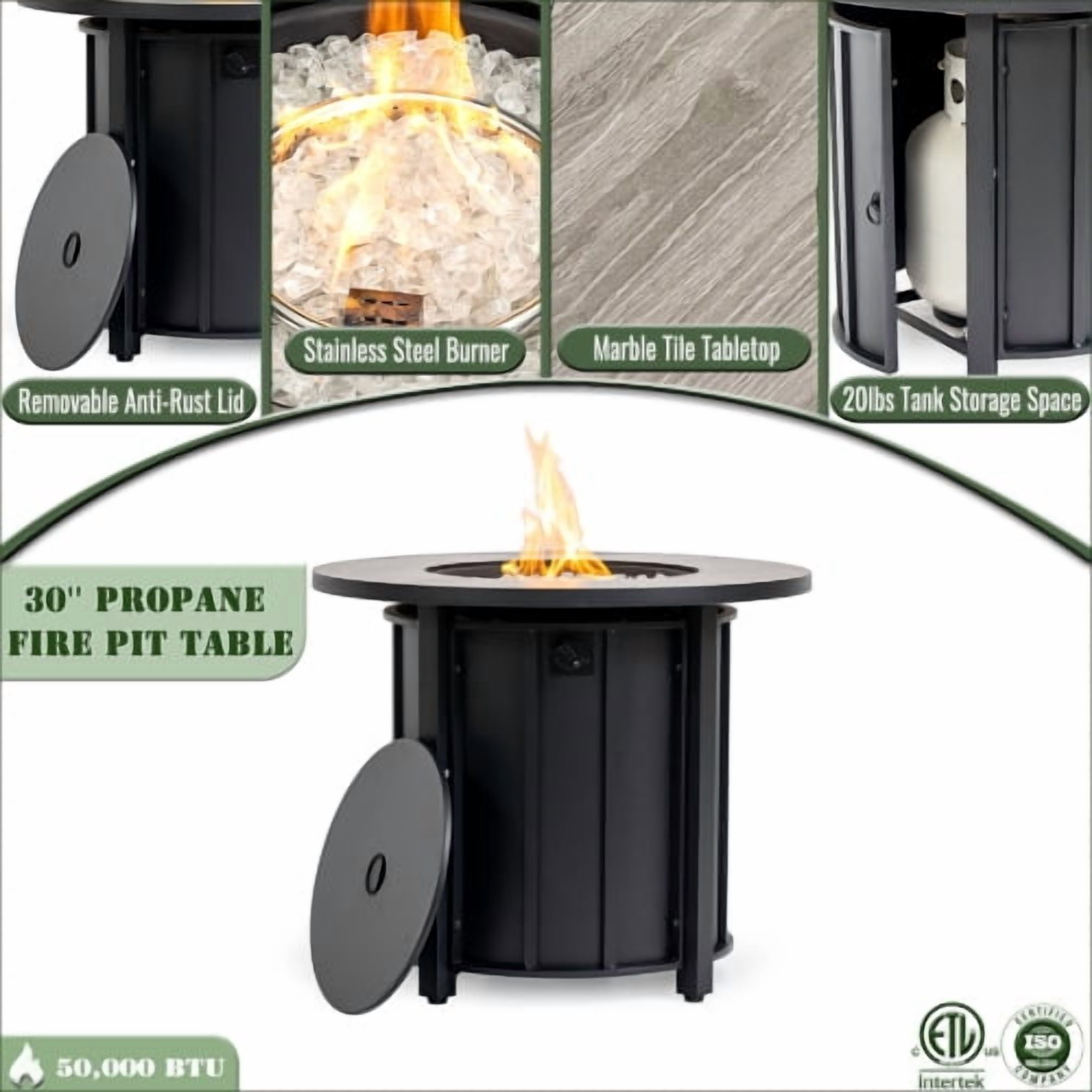 POVANLI 30" Propane Gas Fire Pit Table, 50000 BTU Round Steel Fire Pit with Wood Grain Ceramic Tabletop for Outside Patio Deck Garden Backyard- Black