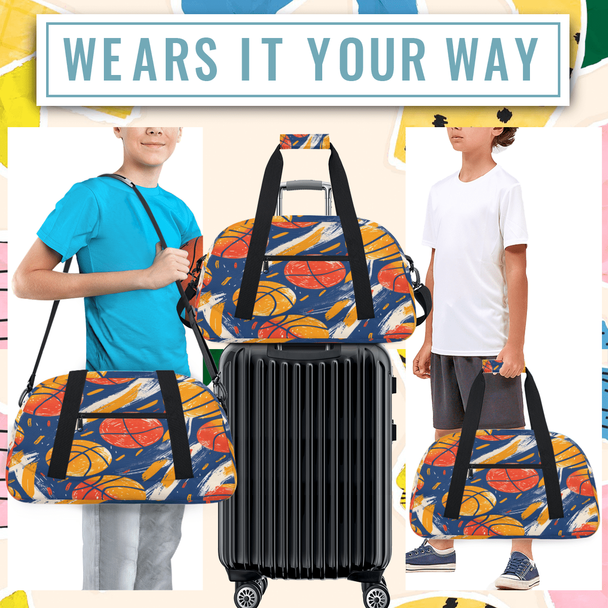 Herdesigns Basketball Duffle Bag for Women & Men, Sports Theme Gym Bag Dance Bag Overnight Bag Carry On Weekender Travel Bag