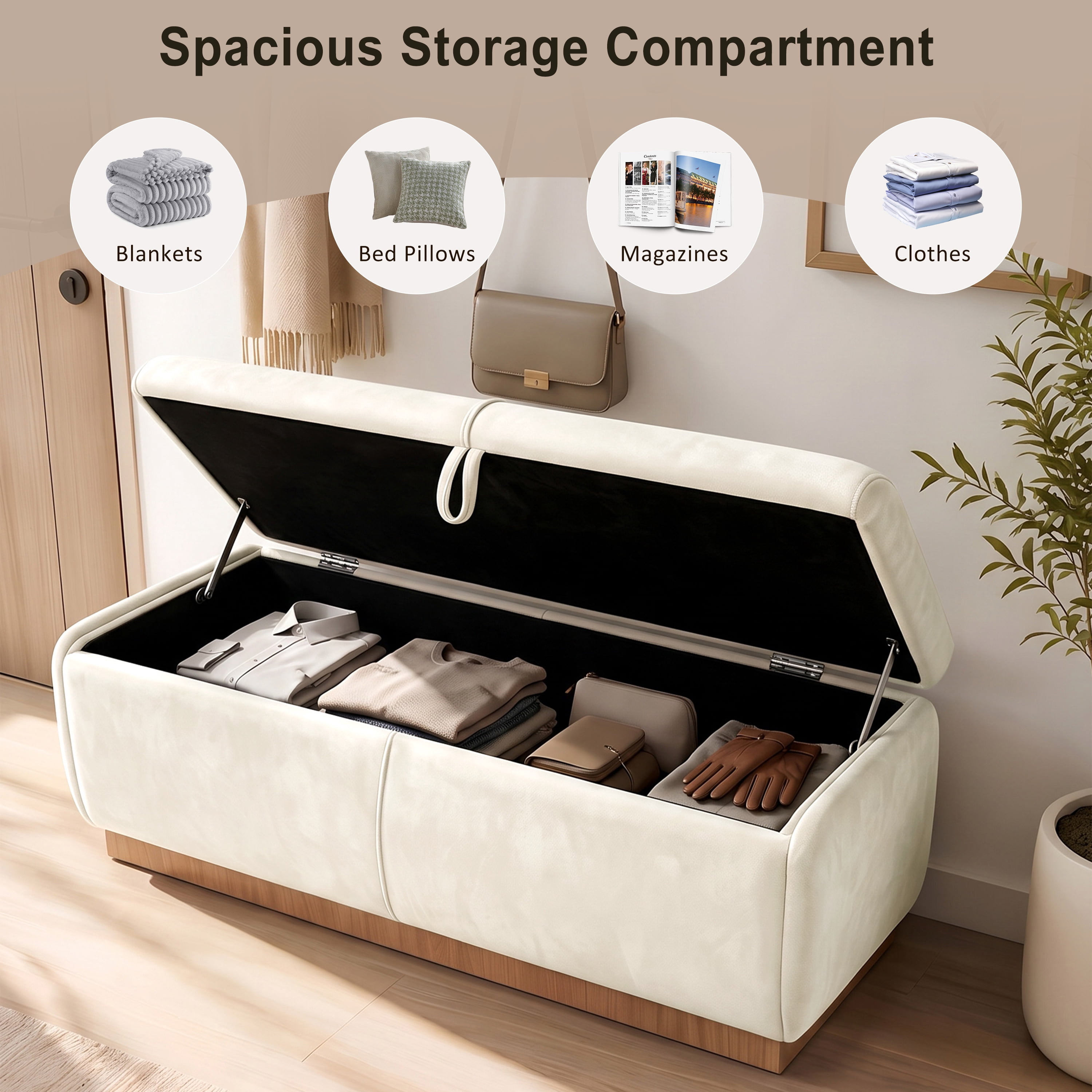 Euroco 47.2" Storage Ottoman Bench,Upholstered Footrest Entryway Bench, End of Bed Bench for Living Room Bedroom,Beige