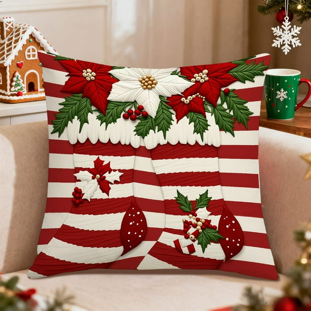 Herunwer Christmas Snowman Reindeer Gloves Eucalyptus Throw Pillow Covers, Winter Holiday Stripes Cushion Case Decoration for Sofa Couch