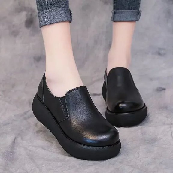 Women Platform Shoes New Leather Flats Casual Shoes for Women Round Head Slip-On Shoes Pumps Leisure Party Office Lady Loafers (black,37)