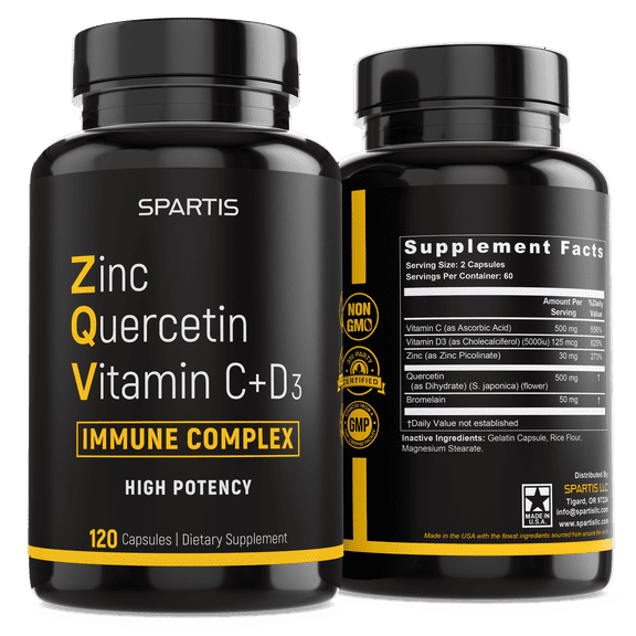 Zinc Quercetin 500mg with Vitamin C Vitamin D3 Bromelain Supplement ZQV Immune Complex (120-Ct)