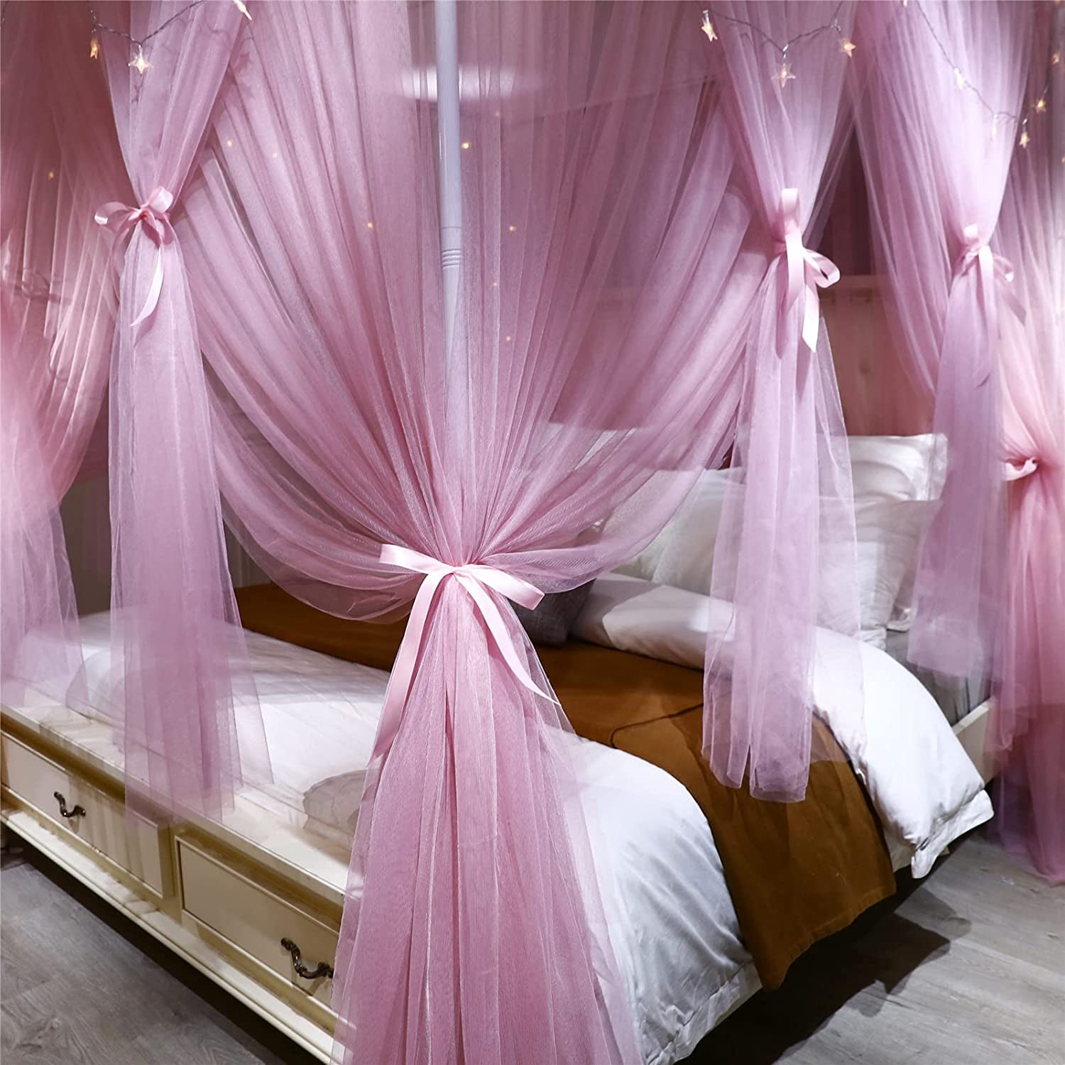 4 Corners Post Princess Bed Canopy Curtain Double Layer Cozy Drape Netting 4 Opening Mosquito Net for Girls & Adults Bedroom Decoration Accessories (Double Pink, 53" W*78" L*82"*H/(Full))
