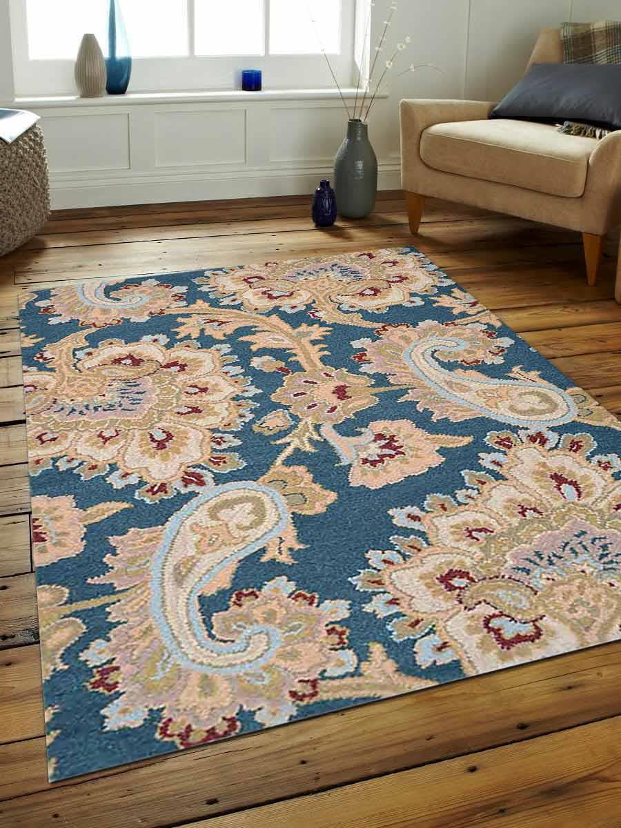 Rugsotic Carpets Hand Tufted Wool 8'x11' Area Rug Floral Dark Blue