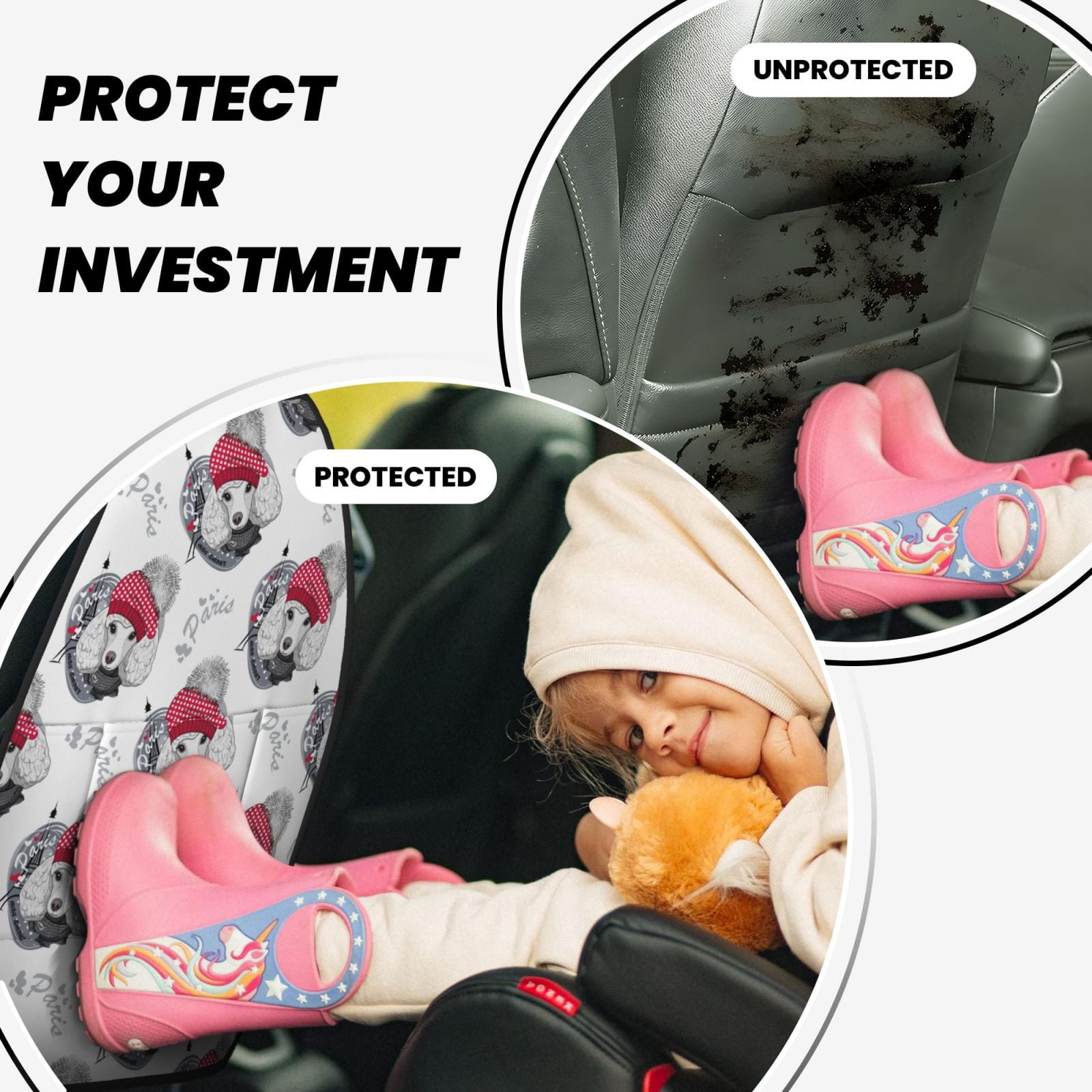 Xecao Cute Poodle Dog Pattern Car Seat Back Protector 2 Pack Large Capacity Pocket, Kick Mats Back Seat Protector