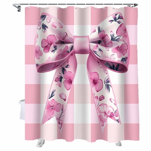 Shower Curtains Flower Bow Bath Curtain Pink Check Waterproof Bathroom Shower Curtain Set with Hooks Decoration 36 x 72 Inches
