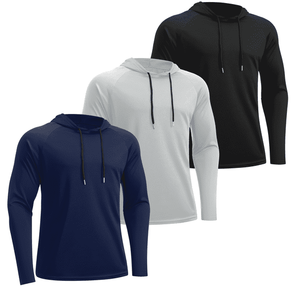 TELALEO 3 Pack Men's UPF Sun Protection Hoodie, Long Sleeve Lightweight Rash Guard Shirts for Fishing Hiking Running Swimming, Quick Dry Athletic Workout Tops, Size S-2XL