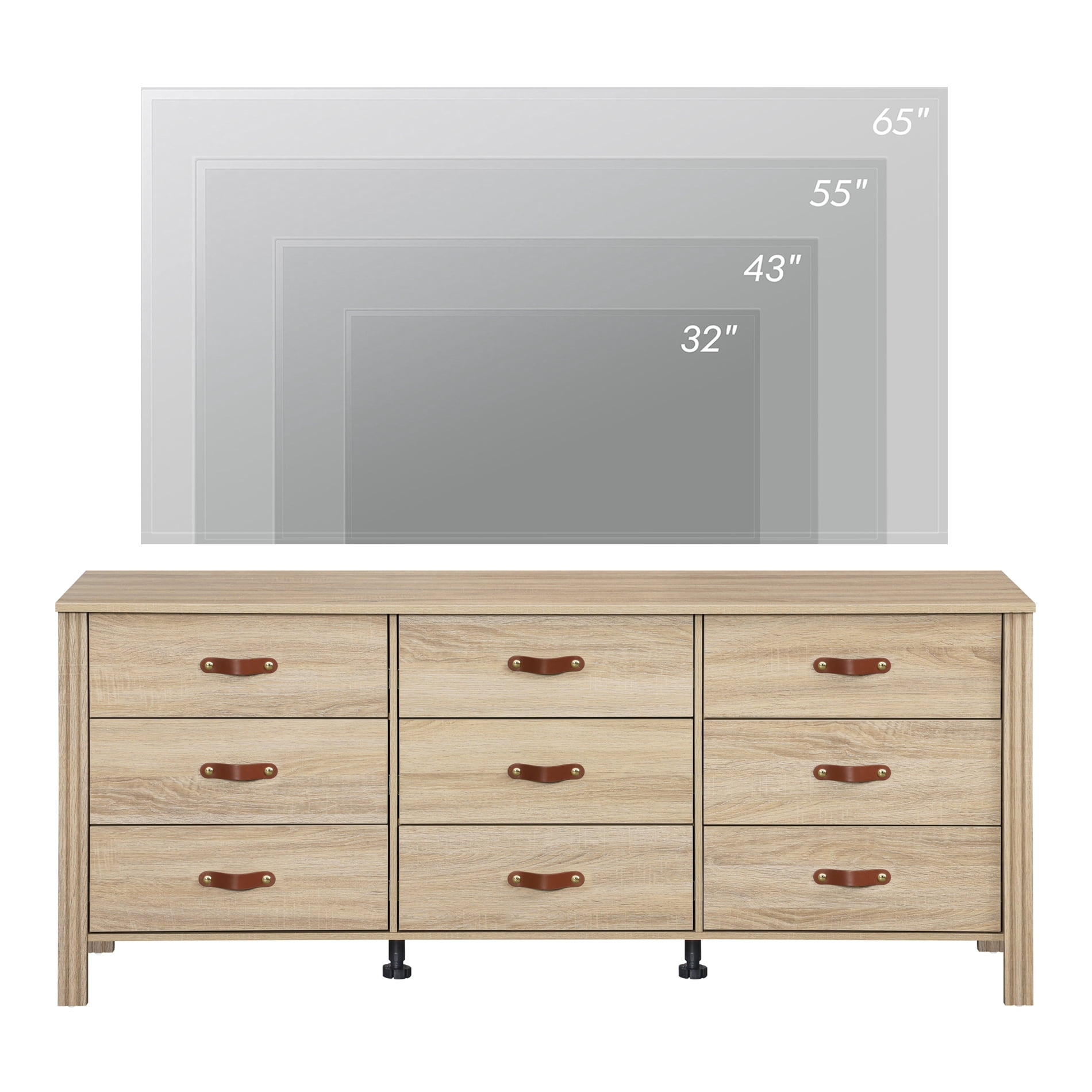 WAMPAT Farmhouse Dresser with 9 Drawers, Extra Wide Chest of Drawers, Modern Storage Organizer with Solid Wood Legs for Closet, Living Room, Nursery, Light Oak
