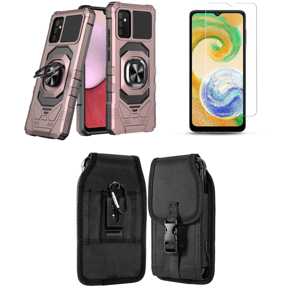 Bemz Shield Armor Case for Galaxy A14 5G with Durable Shockproof Impact Resistant Protective Cover with Glass Screen Protector and Vertical Rugged Release Buckle Belt Holster Pouch (Rose Gold Pink)