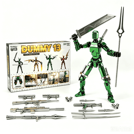 T13 Action Figure Pack Set Box for Gifts Dummy 13 Titan 13 Poseable Robot Figures,DIY Collectible Toys for Kids & Adults, Best Birthday Festival Gift Metallic Green